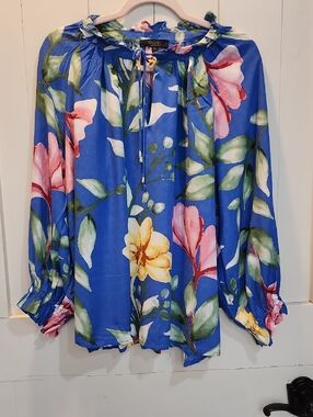 Rachel Blue Floral Tie-Neck Blouse XL